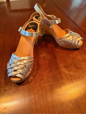 Swedish Hasbeens Metallic Silver Woven Slingback Heels